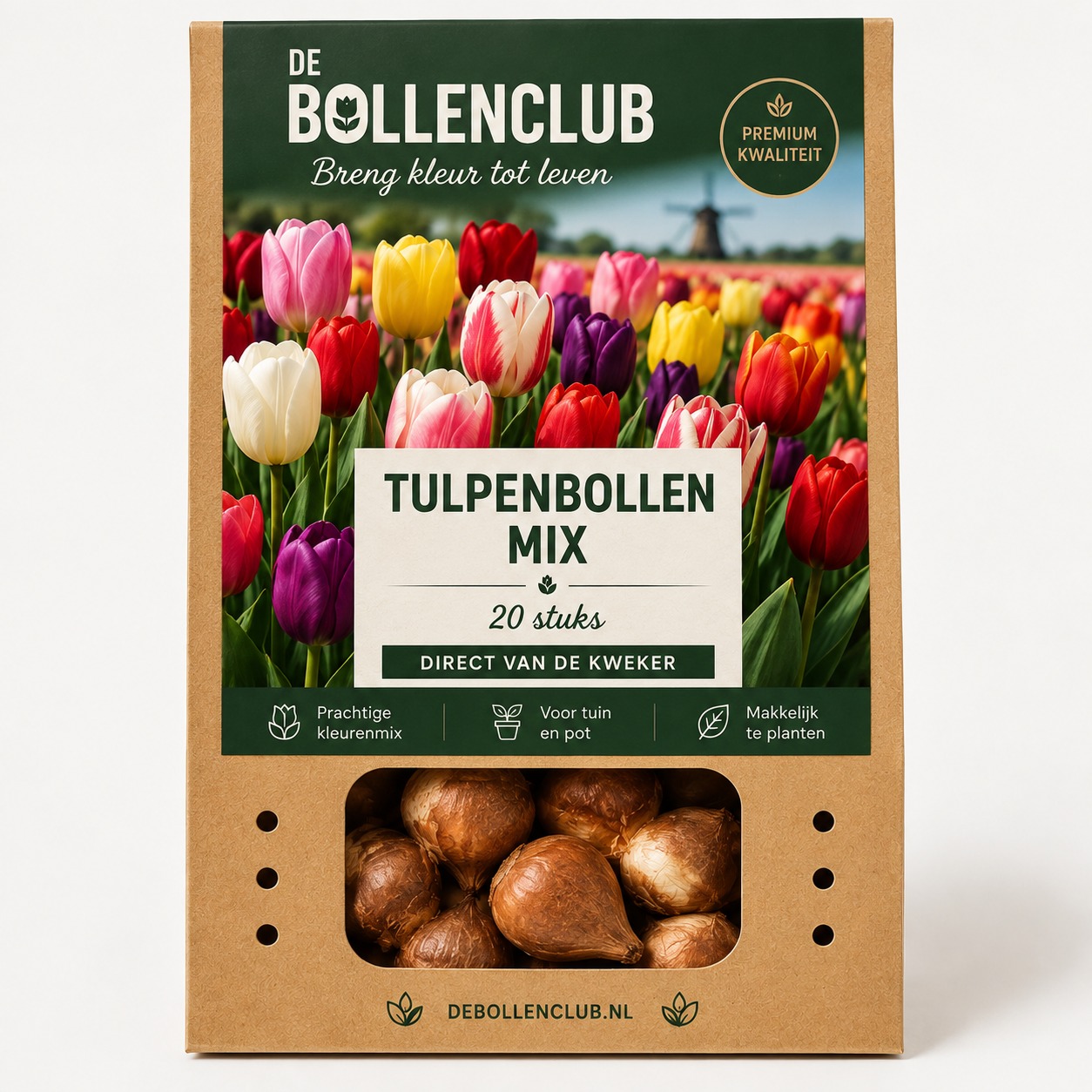 Verpakking van De Bollenclub: kraftzak met donkergroen label en crèmekleurig informatieveld