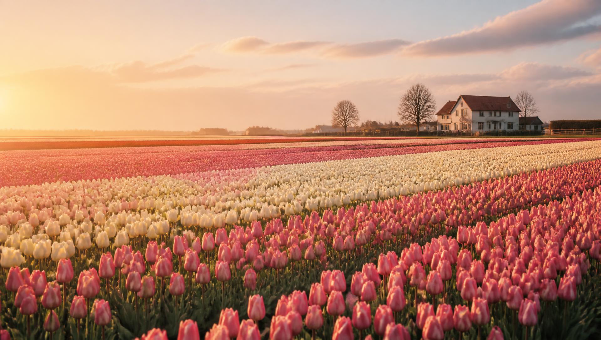 Bloeiende tulpenvelden in de Bollenstreek bij zonsondergang