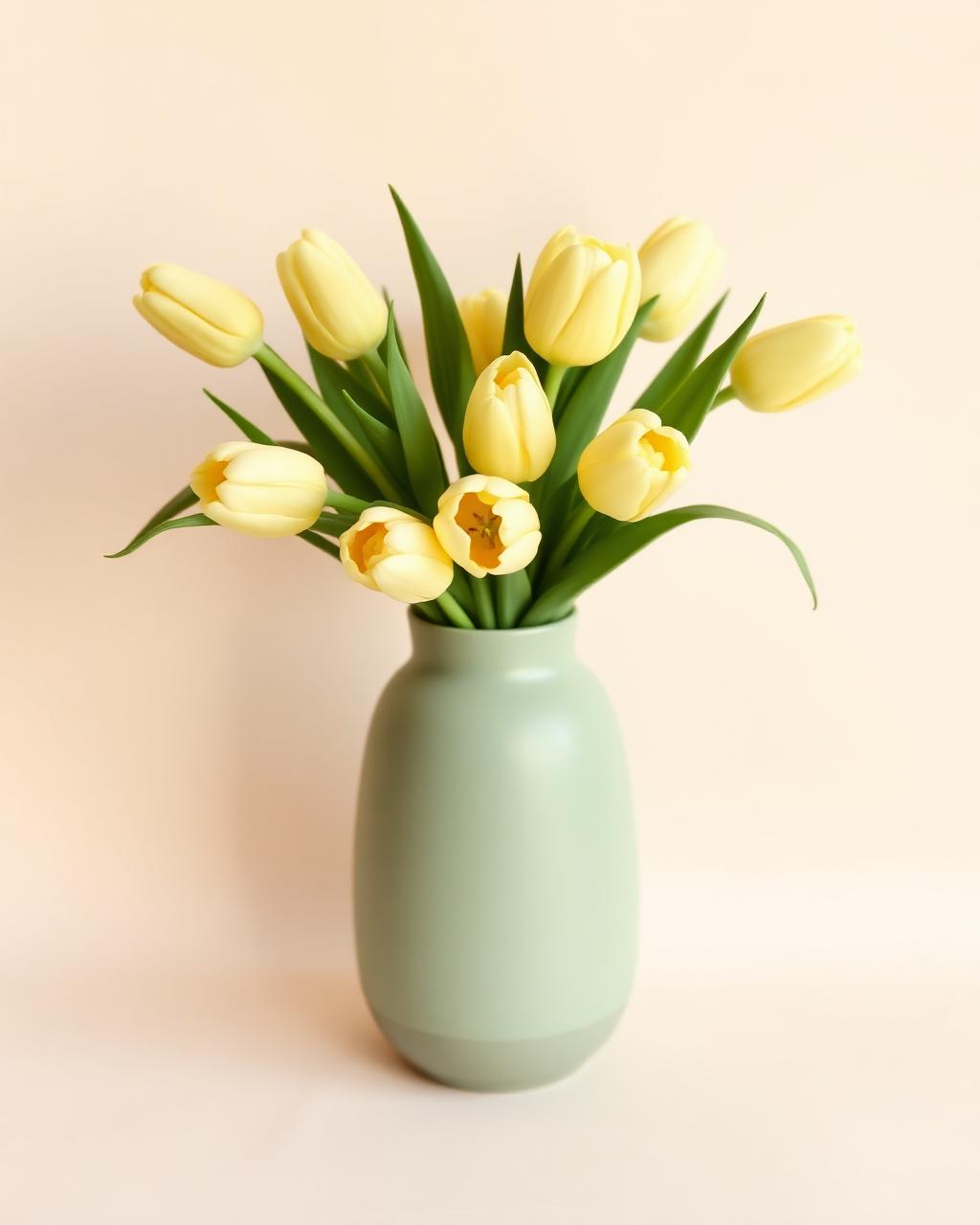 Zachtgele tulpen in een saliegroene vaas