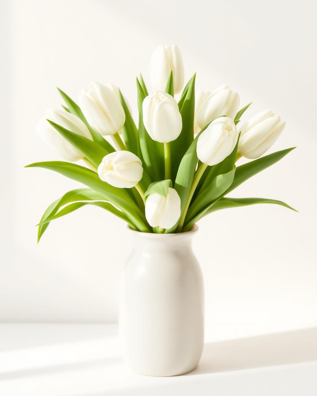 Witte tulpen met groen blad in een lichte vaas